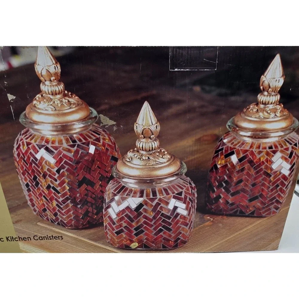 Kirkland's Three Piece Glass Mosaic Kitchen Canister Set New Open Box